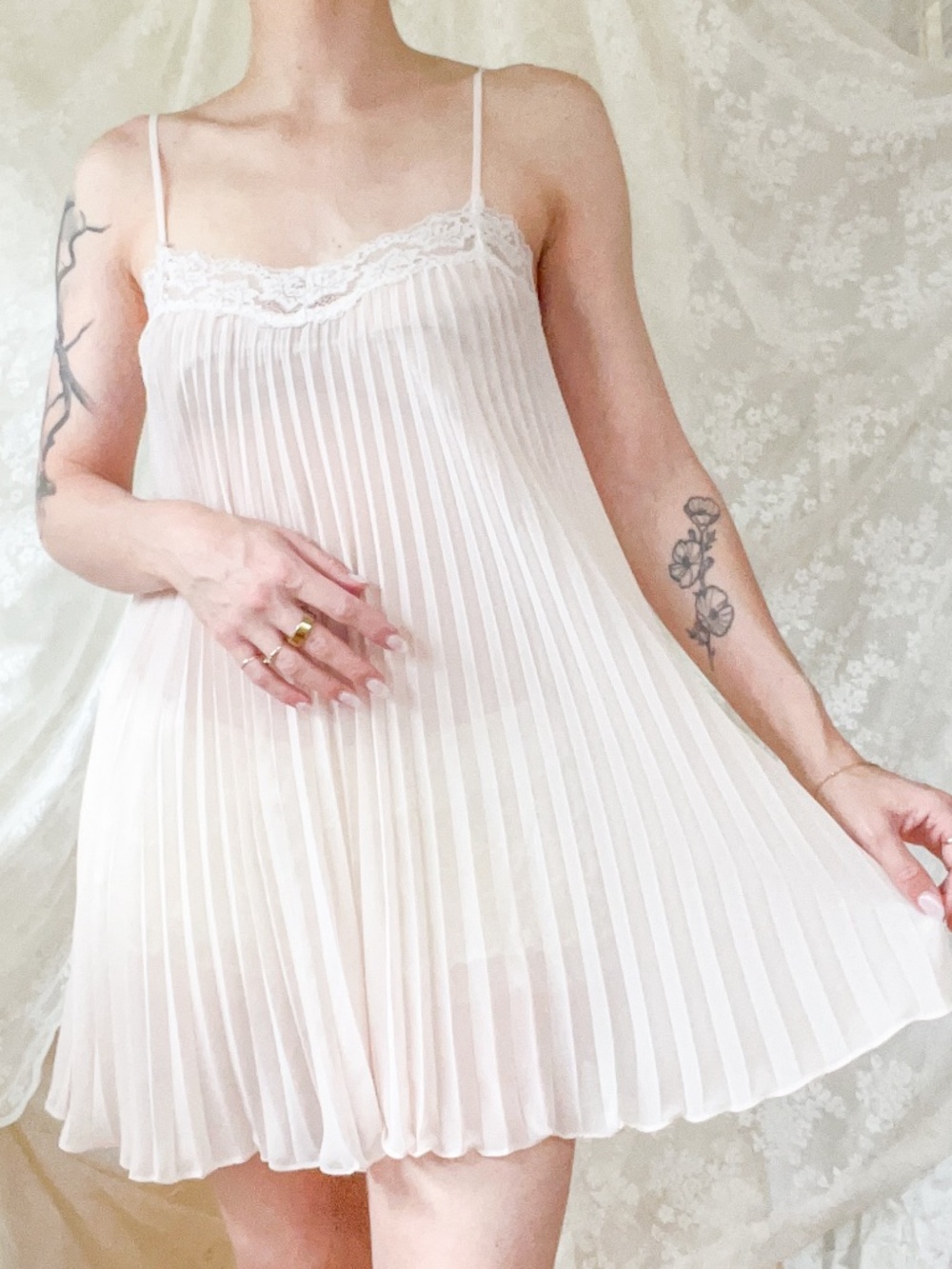 Blush Pink Pleated Chiffon Lace-Up Babydoll Chemise